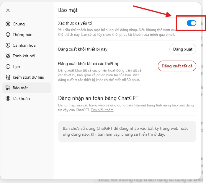 Chuyển đến tab Bảo Mật ⇒ Xác thực đa yếu tố ⇒ Bật công tắc lên