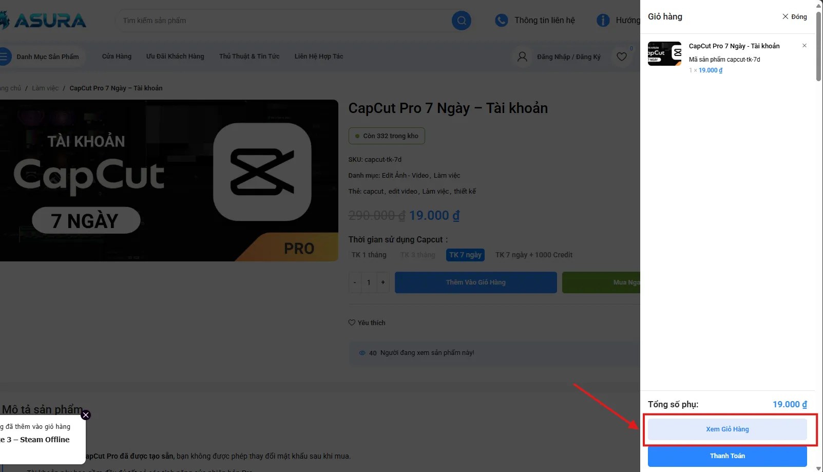 Click vào xem giỏ hàng