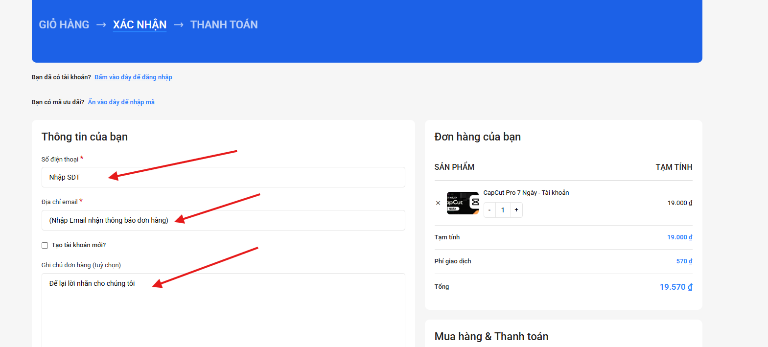 Điền thông tin nhận đơn hàng