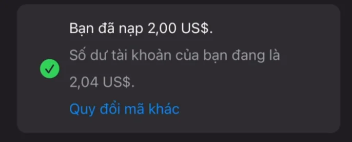 Nạp Giftcard thành công trong Appstore